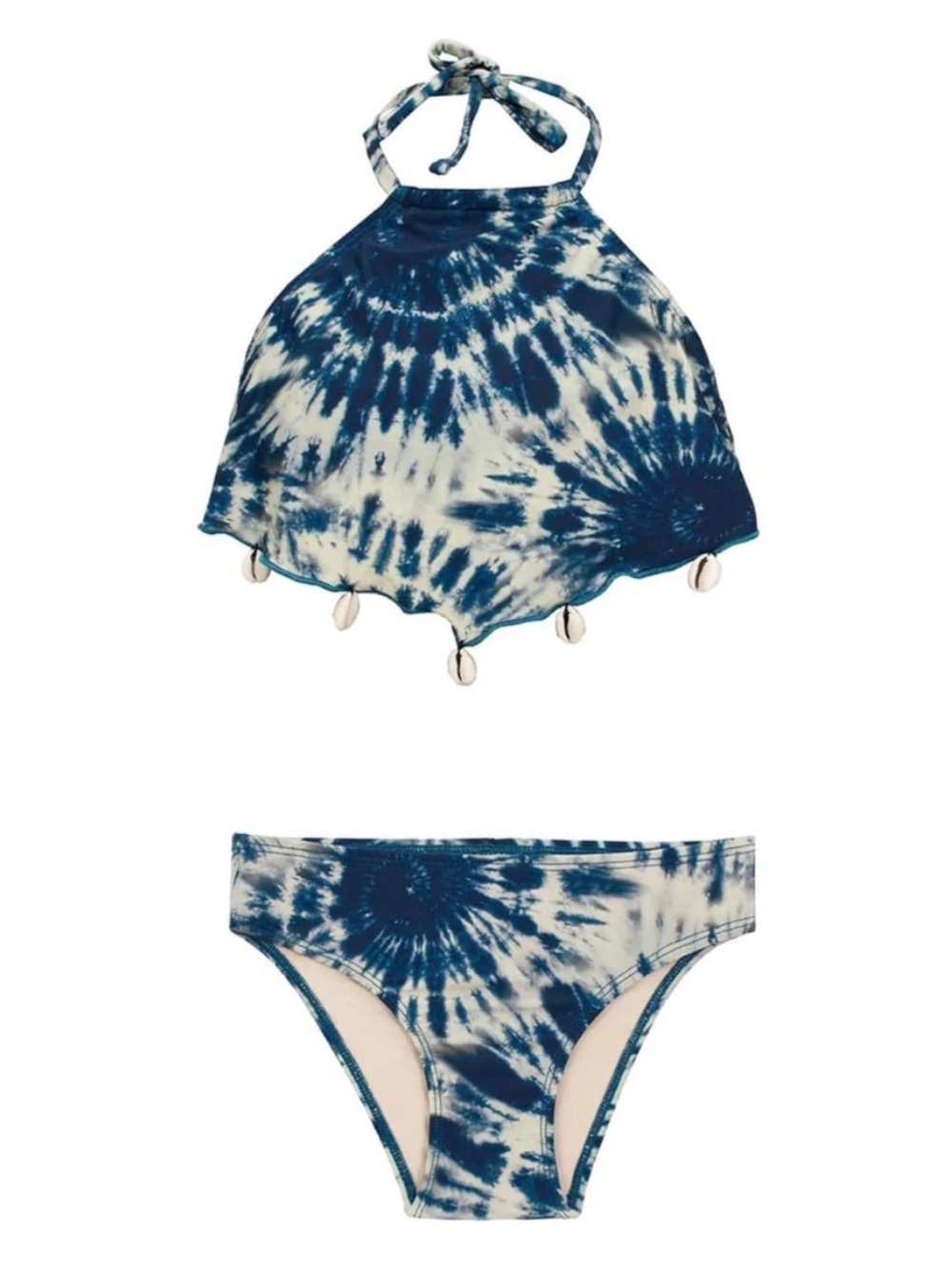 PQ Coco Shell Kids Tie-Dye Blue Halter Bikini Set with Shell Trim Sz 2 NWT 76